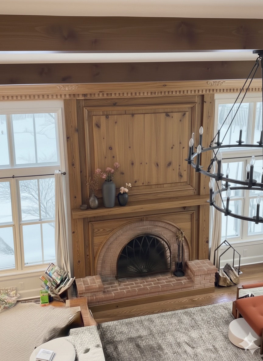 Great room with a floor-to-ceiling knotty-pine surround, arched brick firebox, and iron ring chandelier